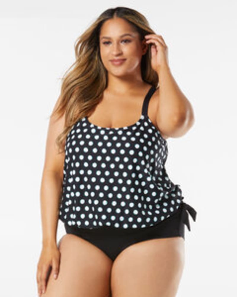 Front of a model wearing a size 16W Sarah Geometric Side Tie Tankini Top in BLACK by Beach House Woman. | dia_product_style_image_id:269172